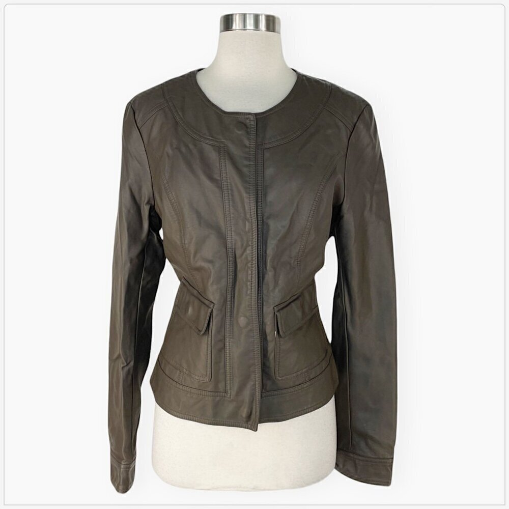 Kut from the Kloth Brown Faux Leather Snap Up Front Jacket Moto Vegan Size L